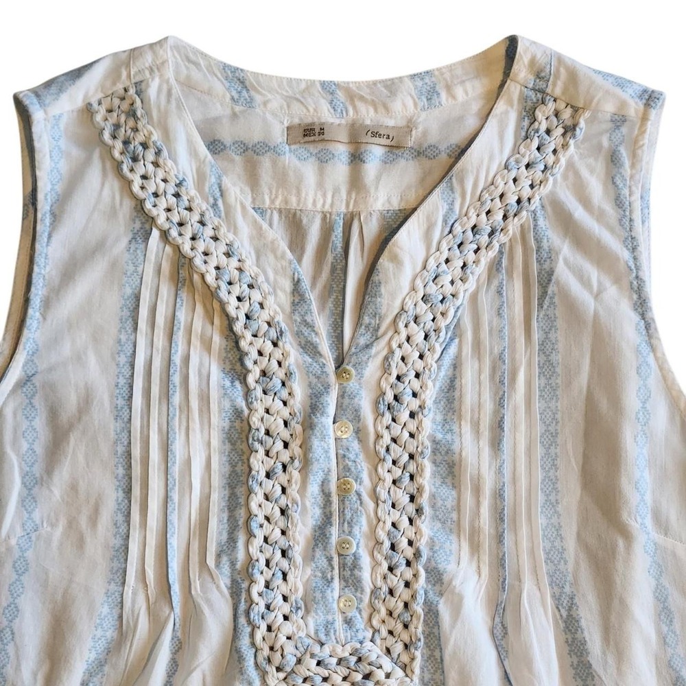 Sfera Crochet Striped Cotton Blouse Sleeveless Boho Blue White Top Mens M